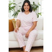 Siyah İnci Desenli Pamuklu Büyük Beden Battal Boy Örme Pijama Takım 26113884 Pembe