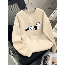 Uyguntarz Uykucu Panda Baskılı Bisiklet Yaka Sweatshirt Bej