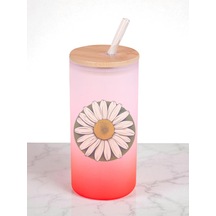 Papatyalı Baskılı 600 Ml Cam Matara- Su Matarası, Suluk Matara, Cam Pipetli Matara Kırmızı