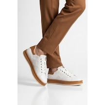 Beyaz Taba Hakiki Deri Hafızalı Taban Erkek Sneaker Çok Renkli