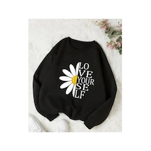 Herkesemoda Papatya Baskı Detaylı Bisiklet Yaka İçi Polarlı Sweatshirt Siyah