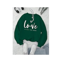 Herkesemoda Love Yazı Baskılı Bisiklet Yaka İçi Polarlı Sweatshirt Yeşil