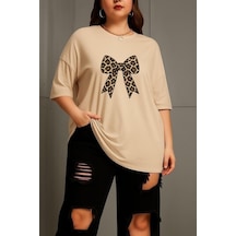 Büyük Leopar Desenli Klurdela Baskılı Unisex Tişört Bej