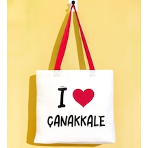Bk Gift I Love Çanakkale Kırmızı Renkli Kulp Gabardin Bez Çanta 40x35cm, Baskılı Omuz Çantası, Alışveriş Çantası, Plaj Çantası