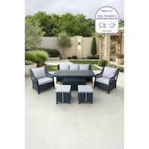 Niron Grand 3'lü Rattan Alüminyum Bahçe Oturma Grubu - Antrasit Temperli Cam Set 3+1+1+puf
