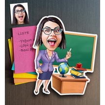 Kişiye Özel Bayan Öğretmen Karikatürlü Ahşap Magnet-1 Çok Renkli