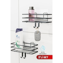 Bino 2li Set Banyo Düzenleyici Şampuanlık Mat Siyah Yapışkanlı 4 Askılı Duş Rafı Paslanmaz Organizer Siyah