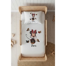 %100 Pamuk Saten İsme Özel İsimli 100x200 Tek Kişilik Lastikli Çarşaf Seti Minnie Beyaz