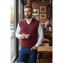 Kamalı Erkek Bordo Tüylenme Yapmayan Anti Pilling Kumaş Standart Fit Normal Kesim V Yaka Triko Süveter