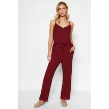 Benerly Kadın V Yaka İnce Askılı Regular Kalıp Örme Pijama Takımı Fonksiy Koyu Bordo