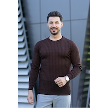 Hk Premium Triko Kazak Fitilli Slim Fit Bisiklet Yaka Likralı Kışlık Sweatshirt Kahverengi