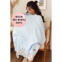 Zeypba %100 Pamuk 4 Katlı Müslin Emzirme Örtüsü & Puset Örtüsü Püsküllü 85x110 CM Bebe Mavi