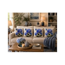 Mavi Ortanca Çiçeği Ve Kelebek Desenli 4'lü Set Dekoratif Kırlent Kılıfı 43x43 Cm - Dijital Baskılı Yastık Kılıfı Salon Koltuk Balkon Takımı Mavi Mavi
