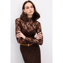 Sateen Transparan Dantel Bluz - Kahve-136869 kahve