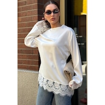 Madmext Beyaz Asimetrik Dantelli Uzun Kollu Saten Bluz Mg2799