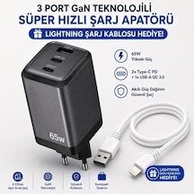 65w Gan 3 Çıkışlı Hızlı Şarj Başlığı Ve 67w Usba To Lightning Ve Hızlı Şarj Kablosu Hediye