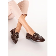 Gondol Kadın Hakiki Deri Tokalı Loafer Ayakkabı Crm.181 Kahve Croco