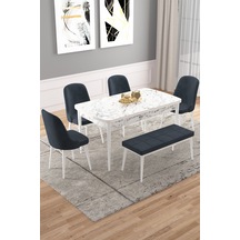 Vals Beyaz Mermer Desen 80x132 Benchli Açılır Mutfak Masa Takımı 4 Sandalye Renk Antrasit