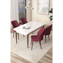 Canisa Concept Arp Serisi Sabit Mutfak Masası Takımı 70x110 Beyaz Ceviz Masa 4 Bordo Sandalye Masa Beyaz/ Sandalyeler Bordo