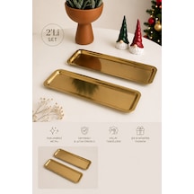 2'li Gold Renk Paslanmaz Çelik Dikdörtgen Sunum Ve Servis Tabağı Seti 33x13 Cm Kahvaltılık Pasta Meze İkram Tabağı Altın - 904089393 Altın