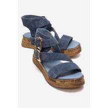 Luvishoes Lorentıs Kot Mavi Süet Hakiki Deri Çift Tokalı Kadın Sandalet