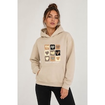 Herkesemoda Küçük Leopar Kalpler Baskılı Kapüşonlu 2 İplik Şardonlu Sweatshirt Bej