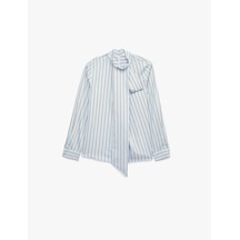 Koton Uzun Kollu Dik Şal Yaka Çizgili Poplin Gömlek Mavi Çizgili 7wak60094uw