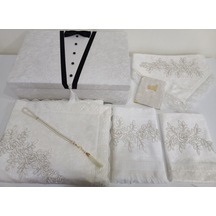 Lamazihome Kadife 7 Parça Krem Damat Güpür Sandıklı Seccade Seti