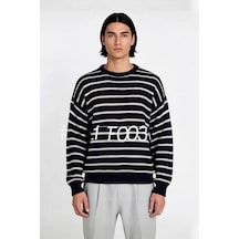 Ersefa Unisex Basic Bisiklet Yaka Çizgili Triko Kazak Modern Ve Rahat Kı Lacivert