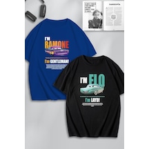 Unisex Kadın Erkek Ramone,flo Layd Ve Gentleman Baskılı Sevgili Çift Kombini Tasarım Oversize Tshirt Mavi Siyah Mck0500 Çok Renkli