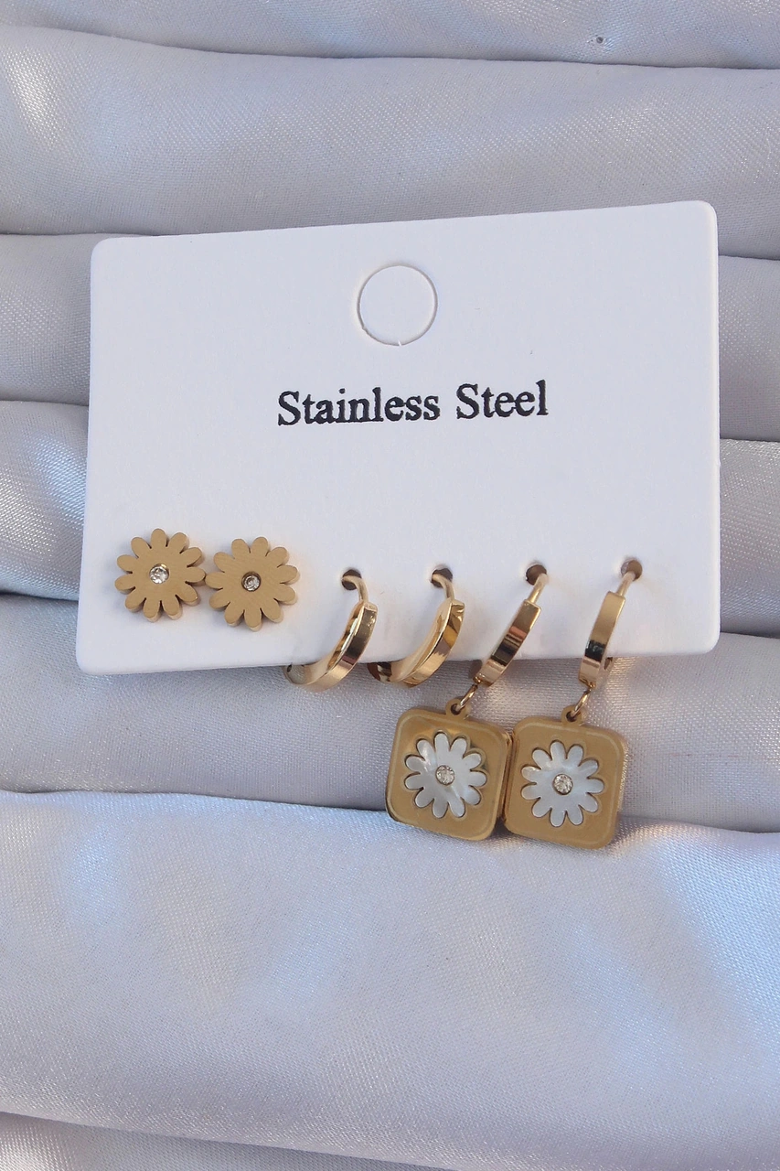 Dodes 316l Çelik Gold Renk Zirkon Taşlı Sedefli Papatya Model Halka Küpe Seti Tg27bkp9150 Çok Renkli