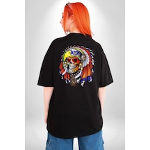 Kızıl Derili Kuru Kafa Düş Kapanı Pamuklu Unisex Oversize Sırt Dijital Baskılı Siyah T-shirt Siyah