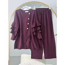 Lovie Moda Gold Düğmeli Kolu Fırfırlı Pantolonlu İkili Takım Mor