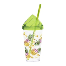 660 Cc Kristal Kapaklı Renkli Ananas Desenli Pipetli Bardak