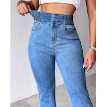 Dogutrend Kadın Yüksek Bel Yanları Lastik Önü Düğmeli Kot Pantolon Mavi