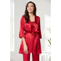 Pierre Cardin 2075 Kadın Saten Sabahlıklı Pijama Takım-kırmızı Kırmızı