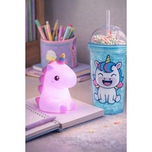 2 Li Set Işıklı Renkli Unicorn Figürlü Gece Lambası & Pipetli Boncuk Detaylı Suluk Bardak Mavi 450ml Set