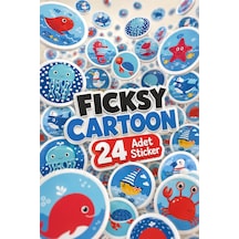Sevimli Deniz Canlıları Sticker Seti - 24 Adet Yuvarlak Balık, Yengeç, Ahtapot Etiket Çıkartma Diğer