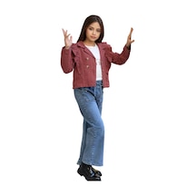 İrem Kız Çocuk Style Yazılı Ceketi Fırfır Detaylı Kiremit Renk Ceket Tişört Kot Pantolon Takımı