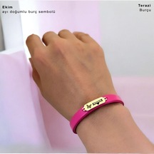 Archin Ekim Ayı Doğumlarına Kelebek Figürlü 14 Ayar Altın Plakalı Pembe Derili Hediye Bileklik-651ay Ekim