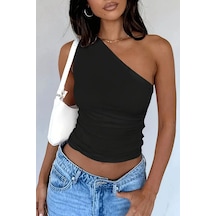 Kadın Siyah Tek Omuzlu Basic Dar Kesim Slim Fit Bluz Siyah