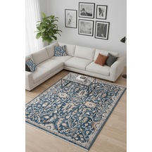 Lacivert Vintage Esintili Makine Halısı - Salon Ve Oturma Halısı Mavi