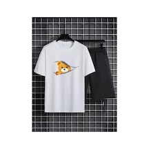 Medinenur Fermuar Ayıcık Desen Baskılı T-shirt Short Bol Paça Rahat Kalıp Siyah Alt Siyah Üst Short Takım Beyaz