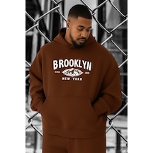 Benroma 3 İplik Penye Brooklyn Baskılı Büyük Beden Sweatshırt Kahverengi