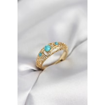 Vintage Model Mavi Taşlı Gold Renk Kadın Yüzük Çok Renkli