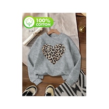 Herkesemoda Leopar Kalp Desen Detaylı Bisiklet Yaka İçi Polarlı Sweatshirt Gri