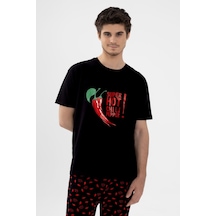 Erkek Pamuklu Kısa Kollu Chilli Baskılı Cep Detaylı Pijama Takımı Ke30101.34 Kırmızı - Siyah