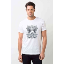 Kuru Kafa Beyaz Ve Mavi Kafatası Baskılı Beyaz Erkek Tshirt