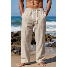 Tarz Cool Erkek %100 Keten Rahat Kalıp Beli Lastikli Yazlık Keten Pantolon Cepli Günlük Casual Plaj Pantolonu Bej