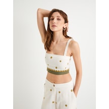 Koton Çiçekli Crop Üst İşlemeli Askılı Slim Fit Ekru 4sak30035ew
